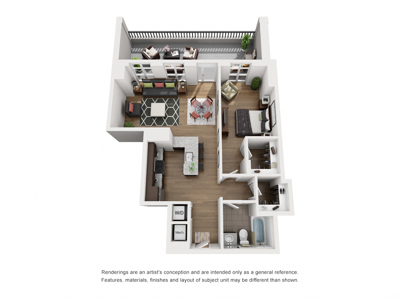 Floor plan for 1 bed, 1 bath, 865 sqft